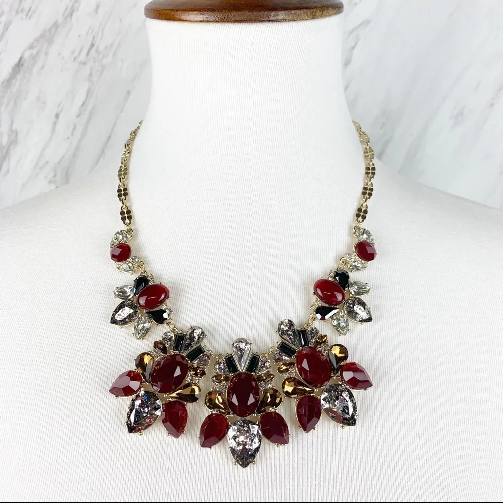 Lydell NYC‎ Statement Bib Necklace Gold Red Crystal Rhinestone Art Deco Glam